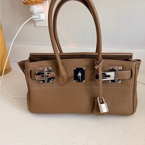 Structured Brown Pebbled Leather Satchel with Silver Hardware